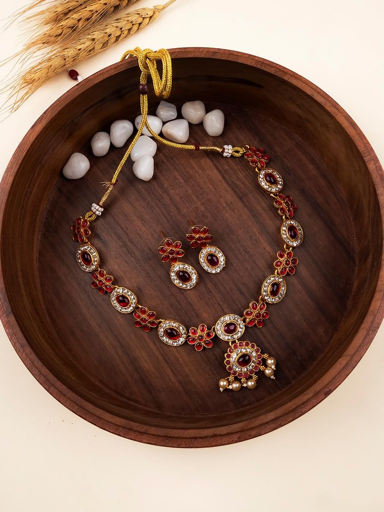 STILEADDA Red Alloy Antique Gold Plated Stones Necklace with Pair Of Earrings-picture-26