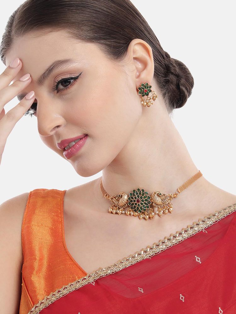STILEADDA Green Alloy Antique Gold Plated Stones Necklace with Pair Of Earrings-picture-20