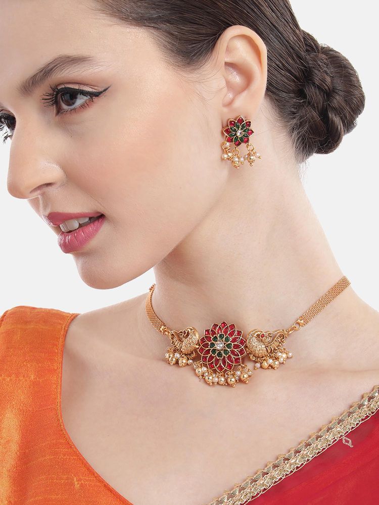 STILEADDA Multi-Color Alloy Antique Gold Plated Stones Necklace with Pair Of Earrings-image-35