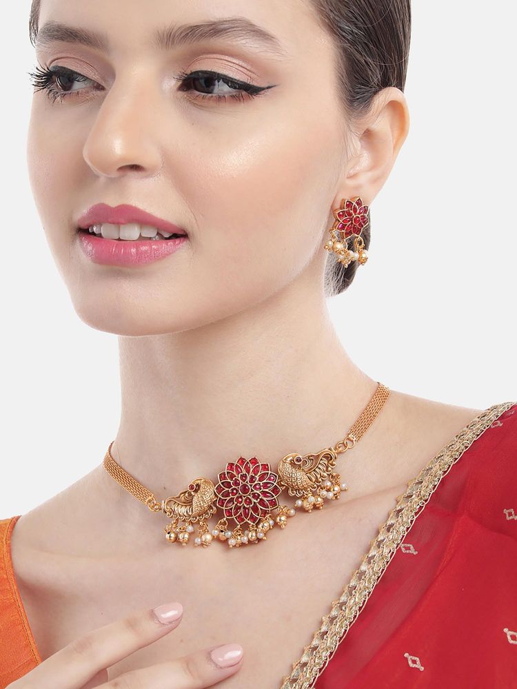 STILEADDA Red Alloy Antique Gold Plated Stones Necklace with Pair Of Earrings-picture-10