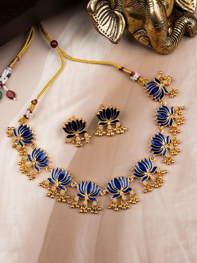 STILEADDA Blue Copper Antique Gold Plated Contemporary Necklace with Pair Of Earrings-picture-13
