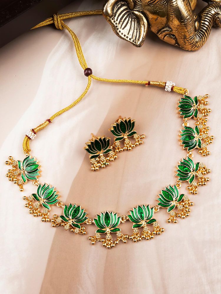 STILEADDA Green Copper Antique Gold Plated Contemporary Necklace with Pair Of Earrings-picture-15