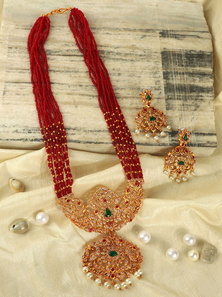 STILEADDA Multi-Color Alloy Antique Gold Plated Stones Necklace with Pair Of Earrings-image-36