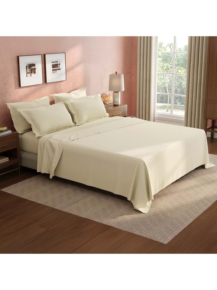 Boutique Living Cotton Charm Cotton 400TC Cream Solid Bedsheet with 4 Pillow Covers (King)-image-4