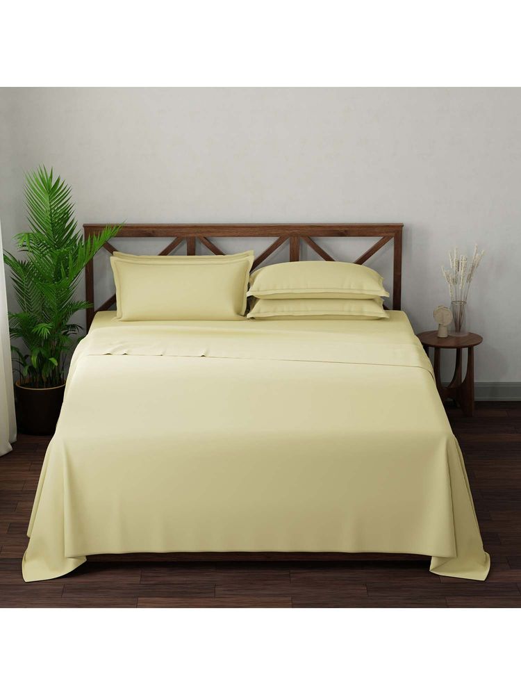 Boutique Living Emblem Cotton 300TC Yellow Solid Bedsheet with 4 Pillow Covers (King)-image-28