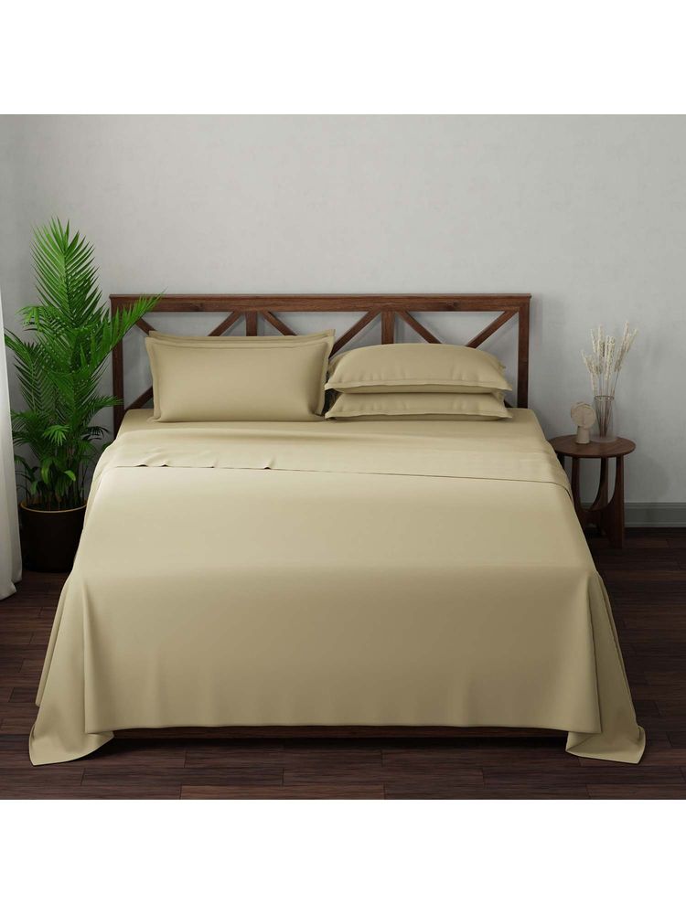 Boutique Living Emblem Cotton 300TC Beige Solid Bedsheet with 4 Pillow Covers (King)-image-31