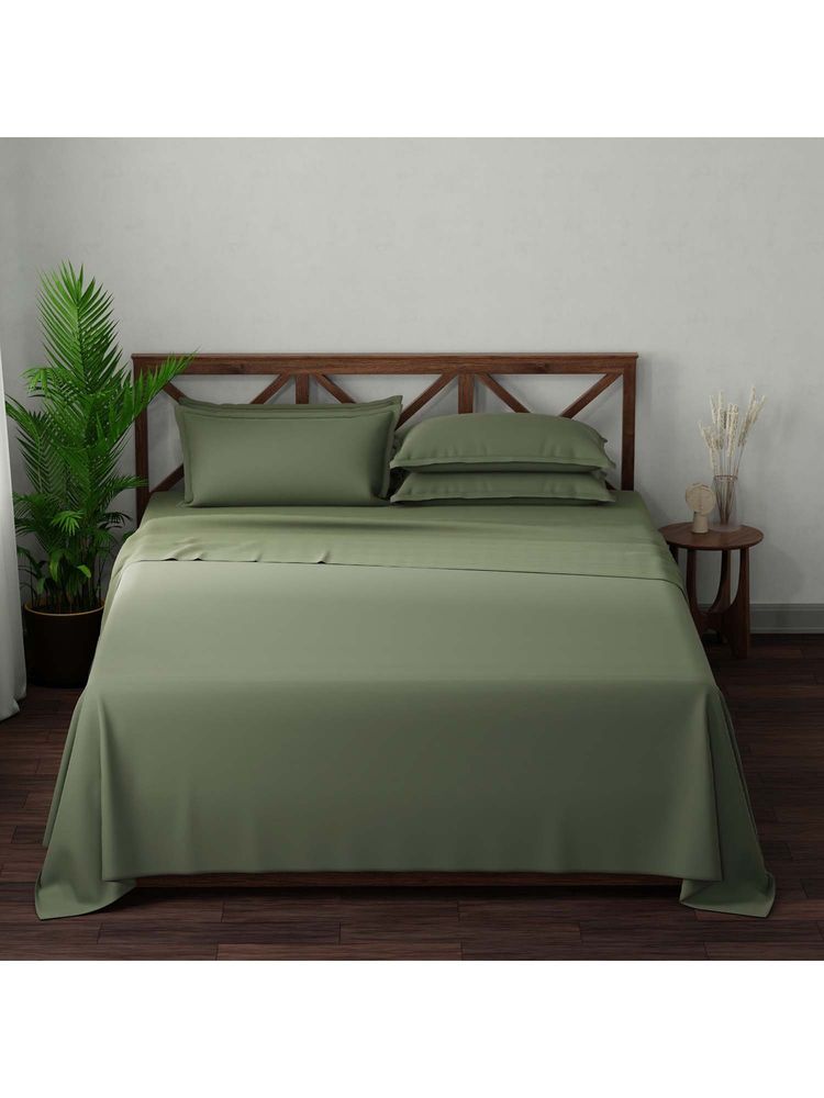 Boutique Living Emblem Cotton 300TC Green Solid Bedsheet with 4 Pillow Covers (King)-image-6