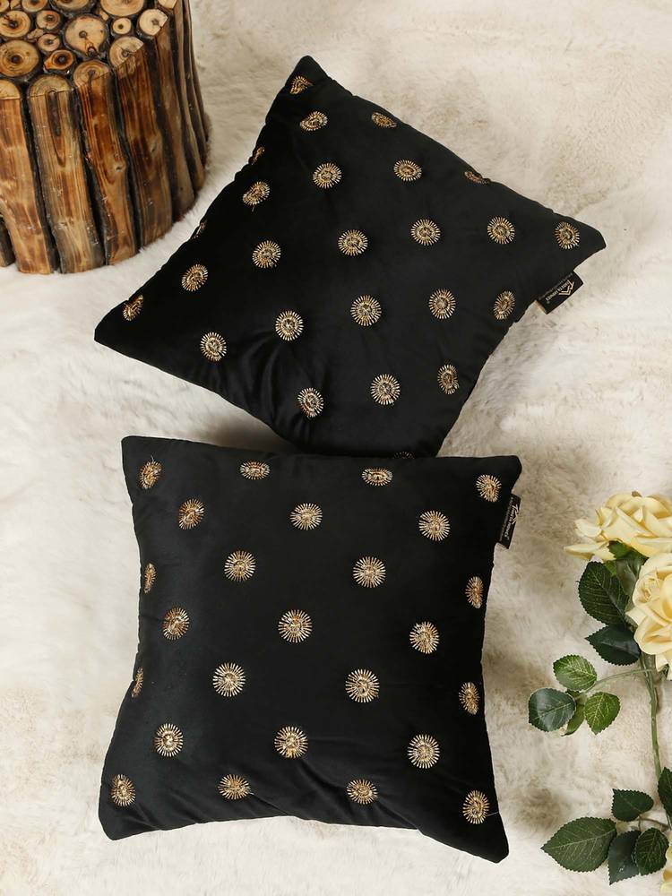 HOSTA HOMES Black Pure Velvet Embroidered Cushion Covers (Pack of 2) (16 x 16 Inches)-picture-22