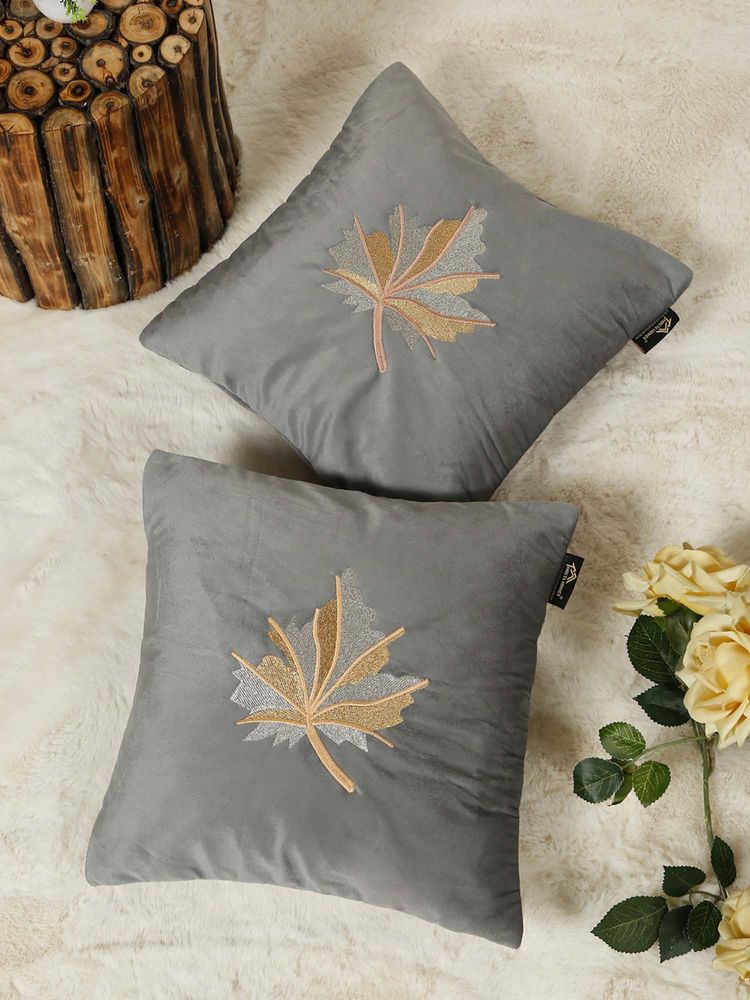 HOSTA HOMES Grey Pure Velvet Embroidered Cushion Covers (Pack of 2) (16 x 16 Inches)-image-43