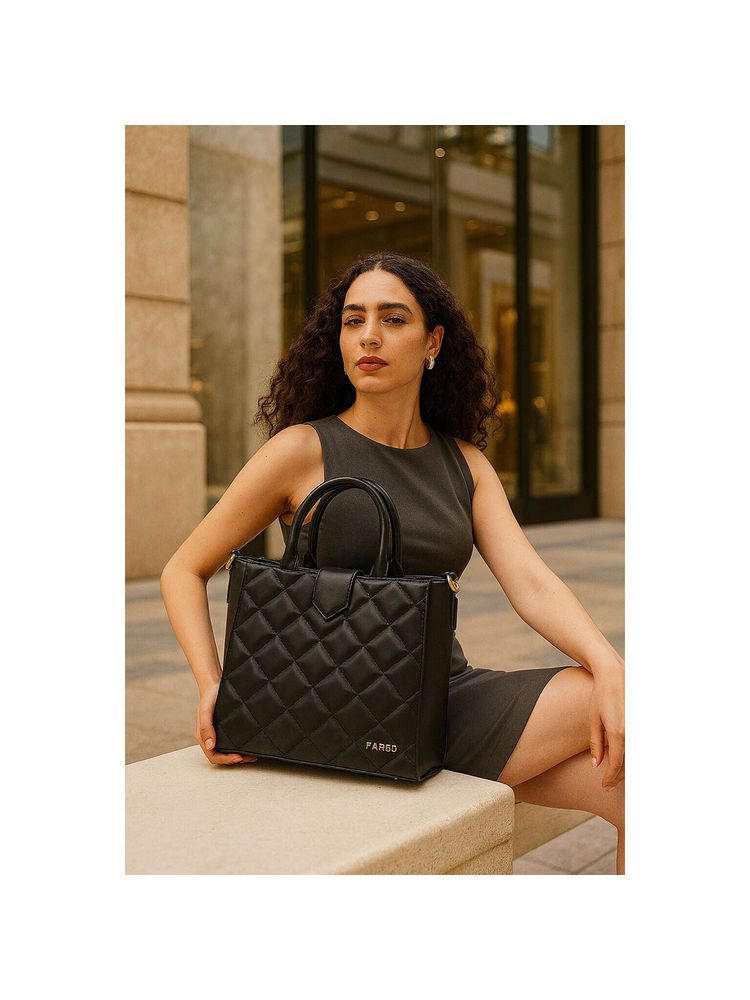 FARGO Hera Quilted Black Vegan Shoulder Bag with Detachable Strap (S)-image-33