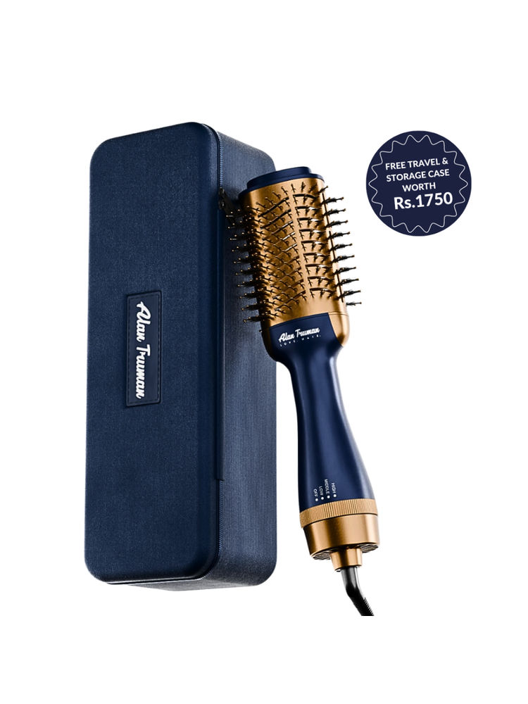 Alan Truman Blow dryer Brush with Storage & Travel Case Midnight Blue-Gold for easy blowdrying