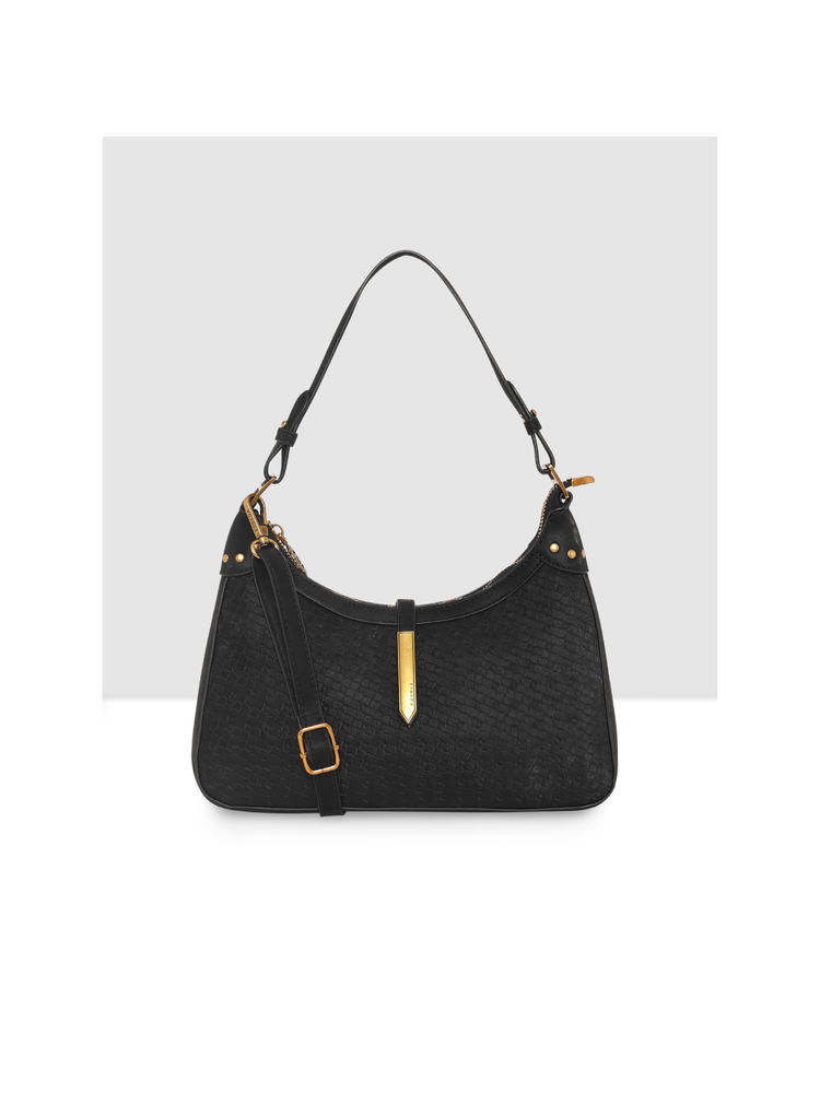 ESBEDA Black Embossed Classic Sling Bag with Detachable Strap-image-7