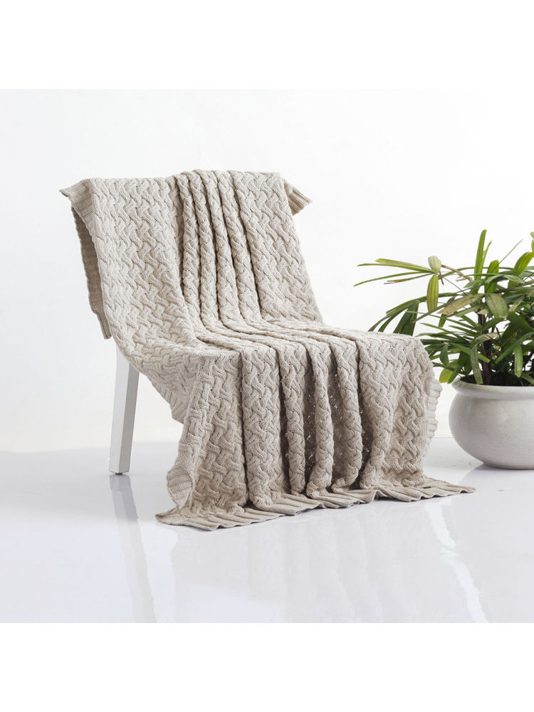 PLUCHI CRISS CROSS Light Beige Cotton Knitted All Season AC Throw Blanket-picture-12