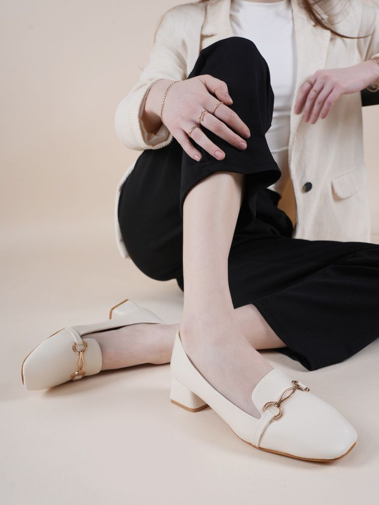 Drop Bold White Textured Square Toe Block Heel Pumps Women-picture-20