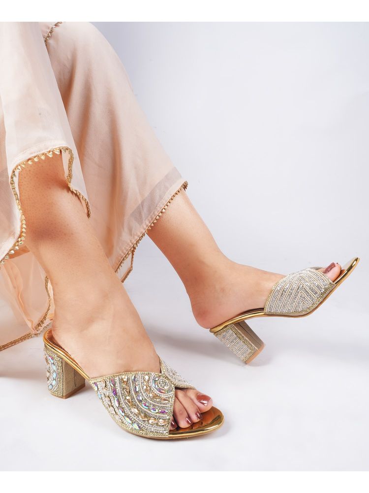 Dollphin Women Gold Embellished Fancy Party Wear Block Sandal Heels-image-24