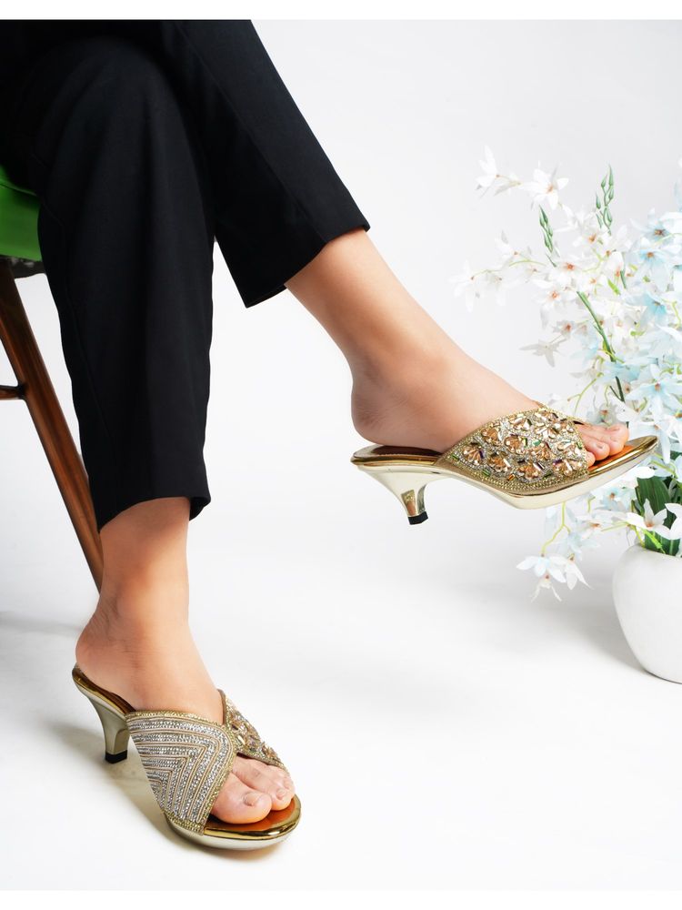 Dollphin Women Gold Embellished Fancy Party Wear Block Sandal Heels