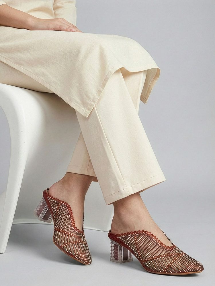 Dollphin Women Tan Embellished Party Wear Fancy Mules Heels-image-3