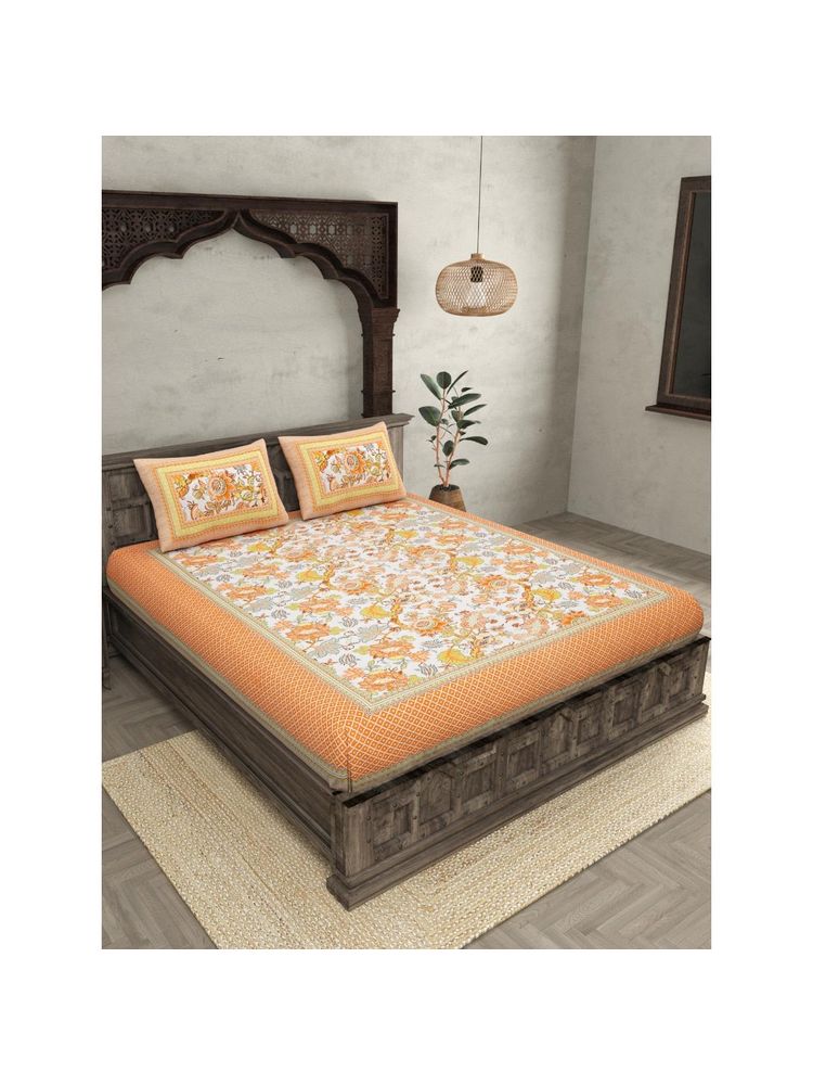 JAIPUR FABRIC Yellow 180 TC Cotton Floral King Bedsheet for Double Bed with Pillow Covers-image-47