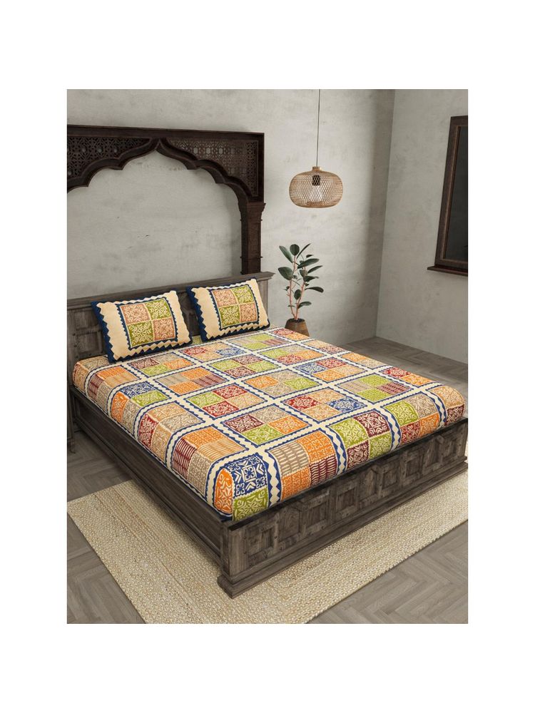 JAIPUR FABRIC 210 TC Cotton Patchwork Design Double Bed King Bedsheet with Pillow Covers-image-1