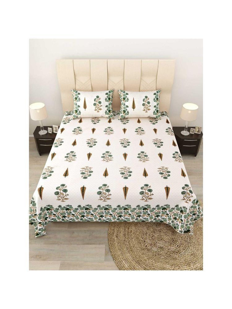 JAIPUR FABRIC 180 TC Cotton Floral Block Double King Bedsheet with Pillow Covers-image-39