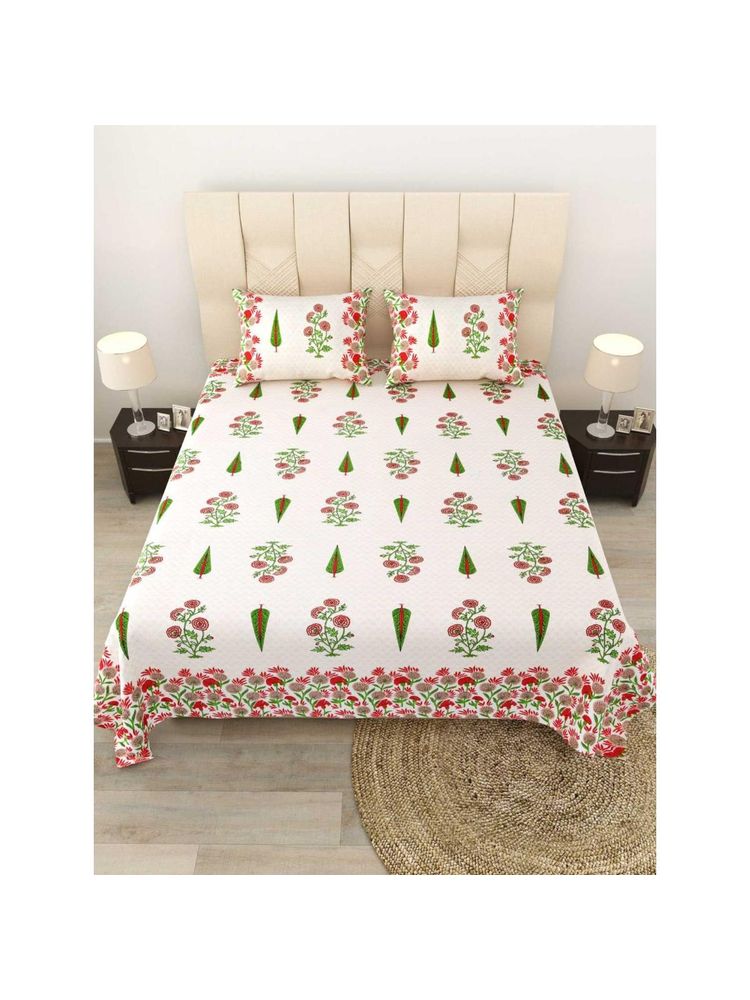 JAIPUR FABRIC 180 TC Cotton Floral Block Double King Bedsheet with Pillow Covers-picture-17