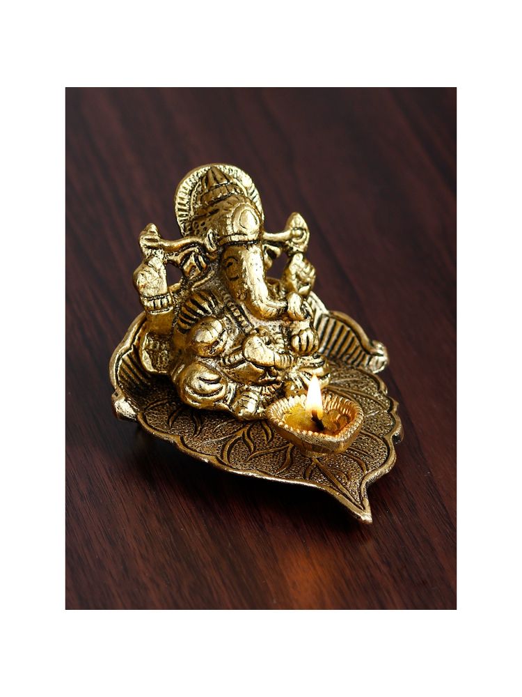 eCraftIndia Golden Metal Handcrafted Lord Ganesha Idol with Diya-image-29