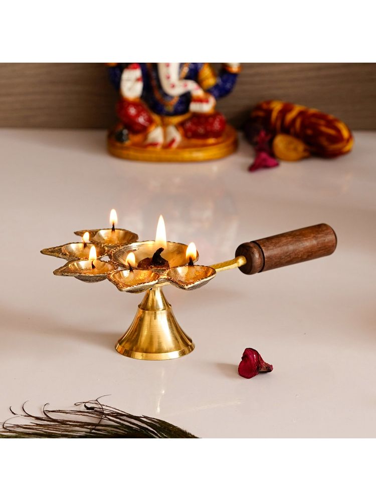 eCraftIndia Golden Brass Panchdeep Diya with Wooden Holder-picture-25