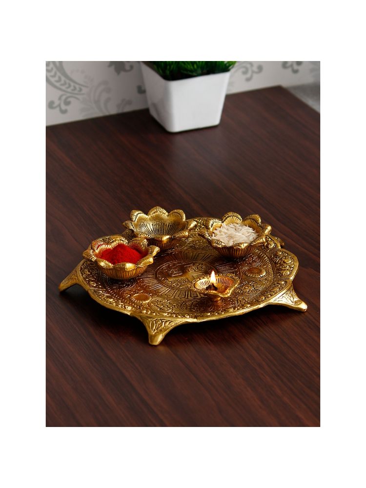 eCraftIndia Golden Metal Swastik Designer Pooja Thali with 3 Bowls and 1 Diya-picture-15