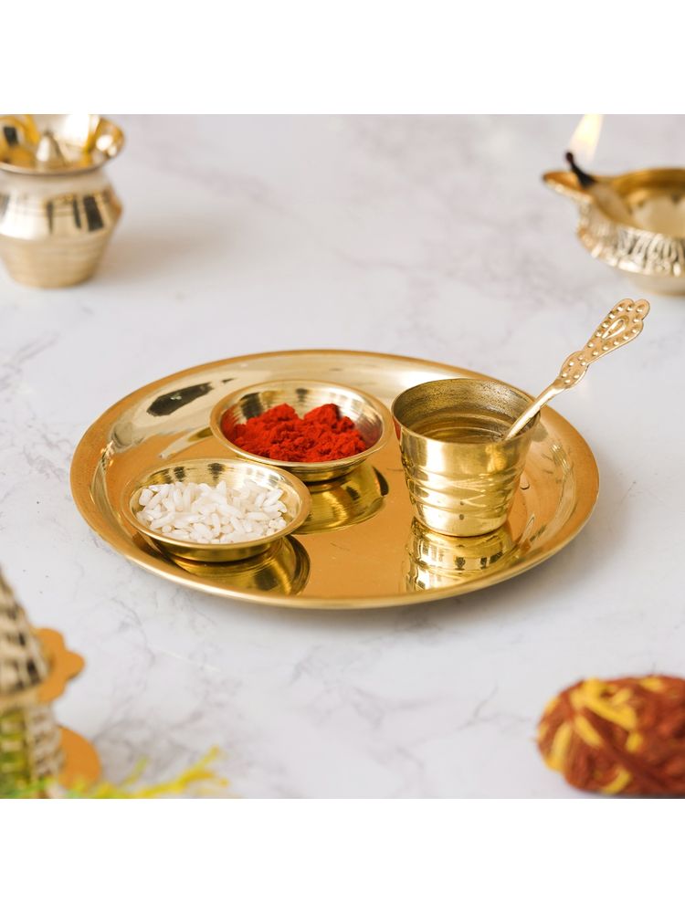 eCraftIndia Golden Brass Pooja Thali with 2 Bowls, 1 Spoon & 1 Glass
