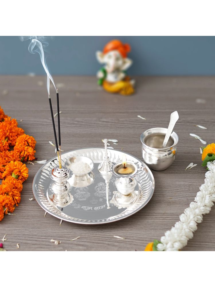 eCraftIndia Silver Pooja Thali with Diya, Ghanti, Kalash, Spoon, Agarbatti Stand, Bowl-image-6