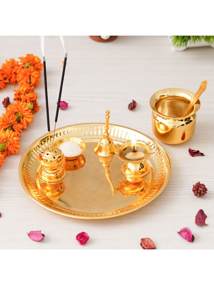 eCraftIndia Gold Pooja Thali with Diya, Ghanti, Kalash, Spoon, Agarbatti Stand, Bowl-picture-21