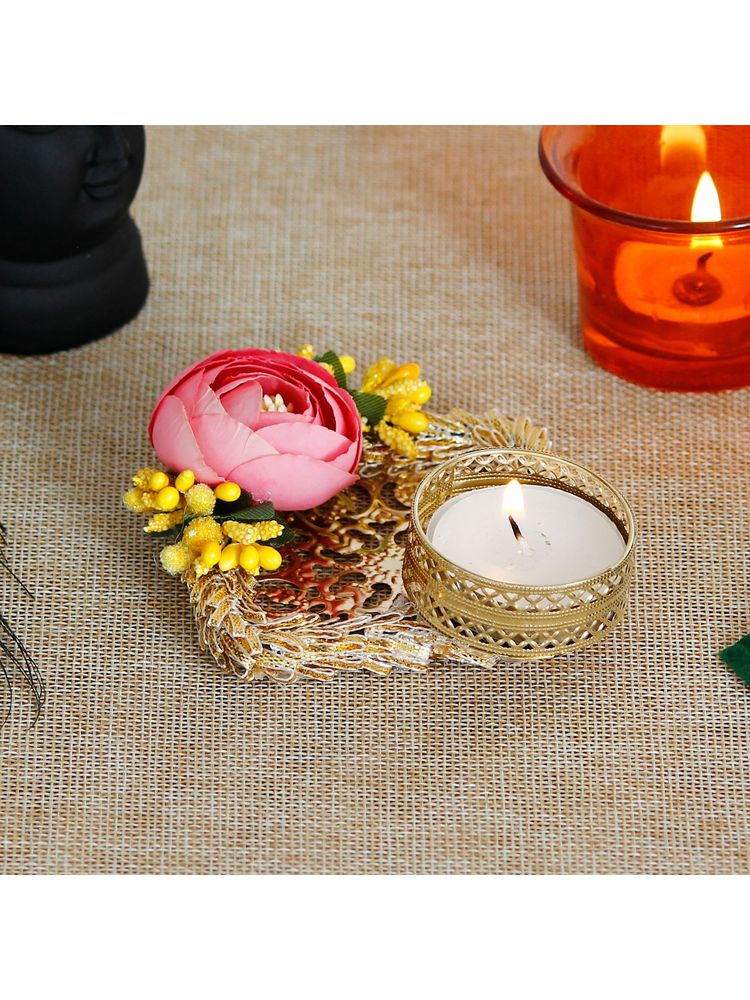 eCraftIndia Decorative Pink and Yellow Floral Tea Light Holder-image-45