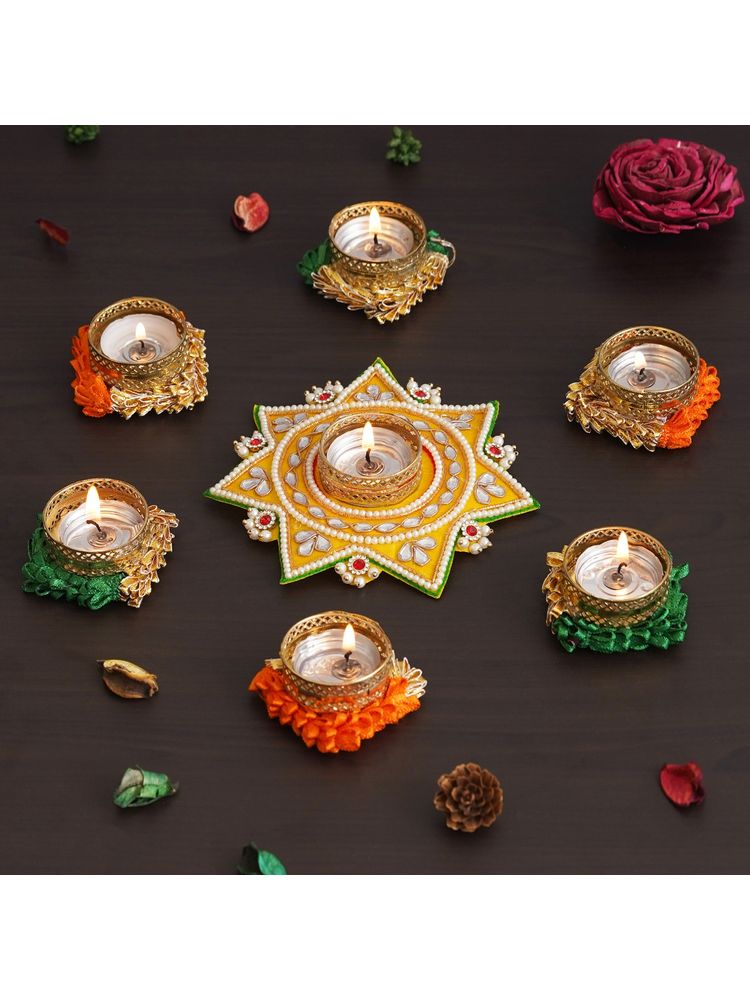 eCraftIndia Star Diamond Beads and Pearls Tea Light Candle Holders (Set Of 7)-image-47