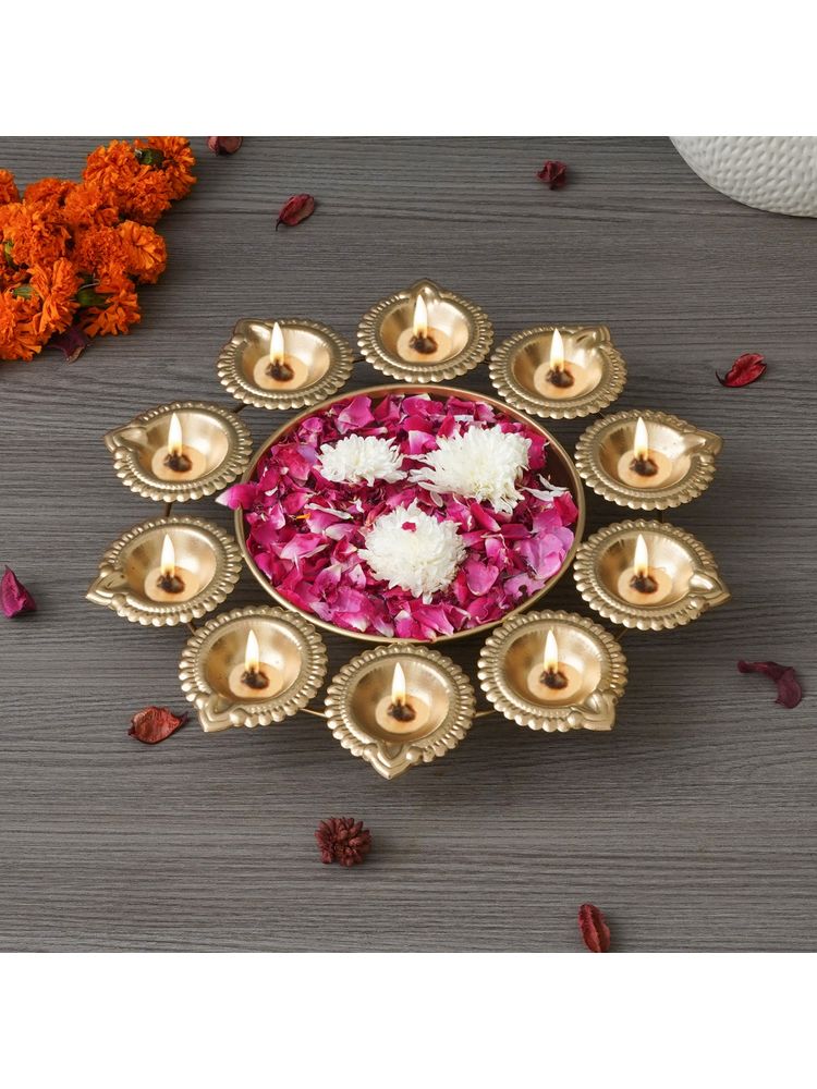 eCraftIndia Golden Metal Designer Urli with 10 Diyas-picture-26