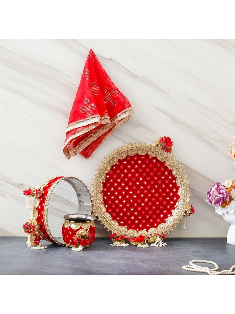 eCraftIndia Red Karwa Chauth Pooja Thali with Plate, Chalni, Lota & Chunri-picture-15