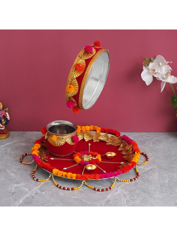 eCraftIndia Handcrafted Karwa Chauth Haldi Kumkum Holder, Chalni, Lota, Chunri-picture-44