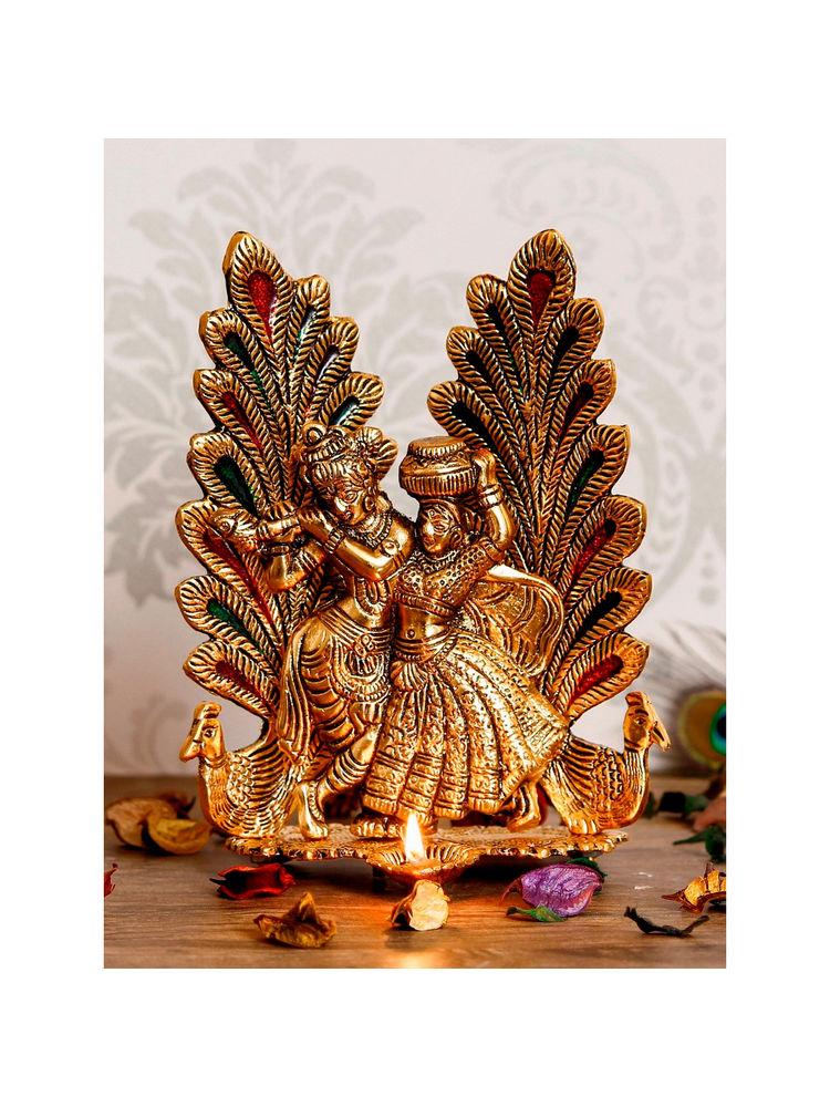 eCraftIndia Golden Radha Krishna Idol Metal Decorative Showpiece with Diya