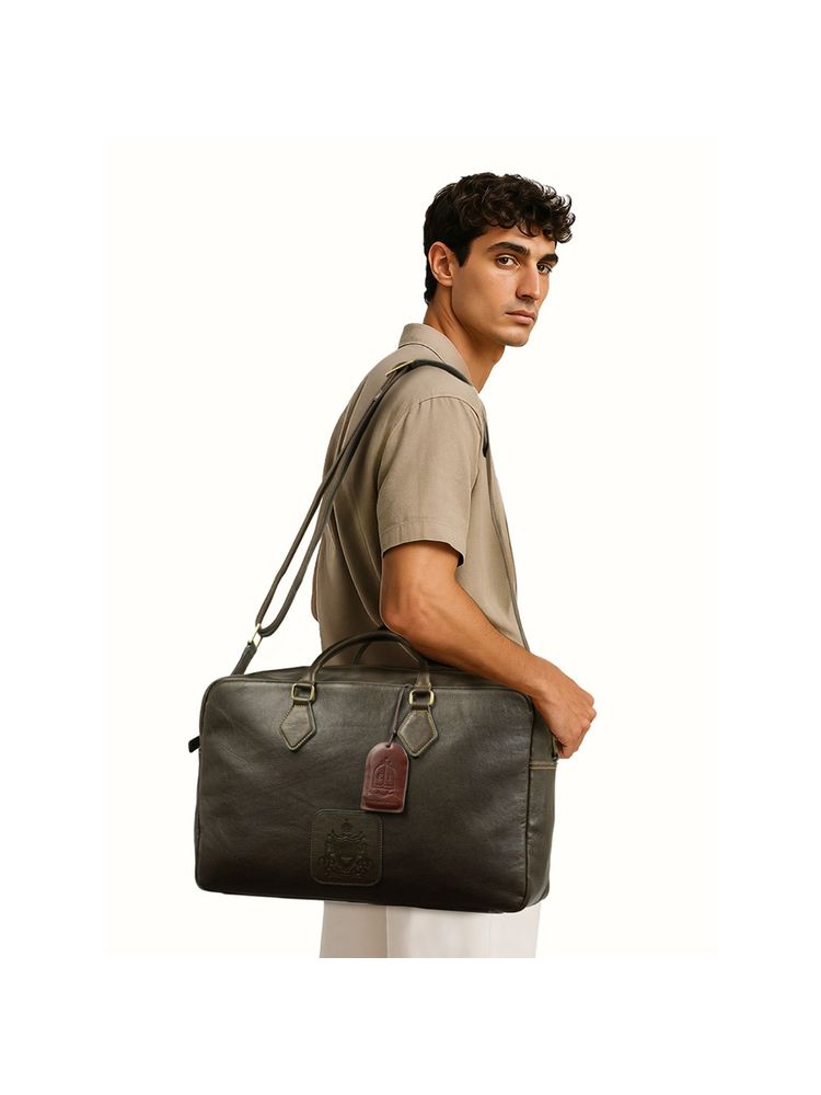 Hidesign Genuine Leather Unisex Duffle Bag With Detachable Strap - Olive-picture-21