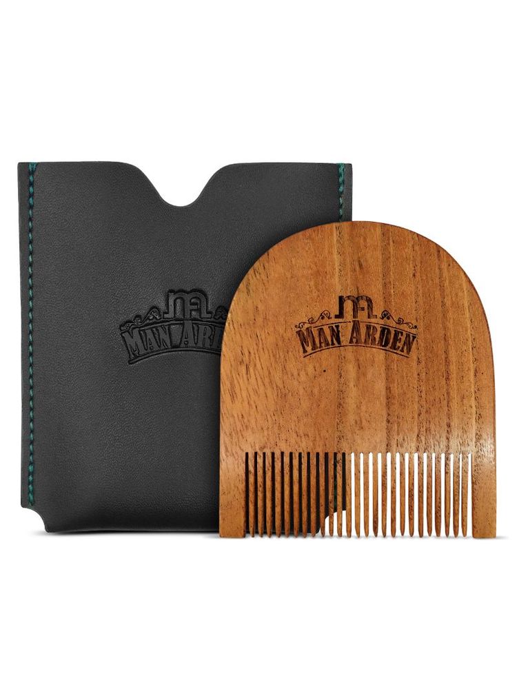 Man Arden Pure Neem Wooden U Shaped Beard Comb With Premium Faux Leather Pouch