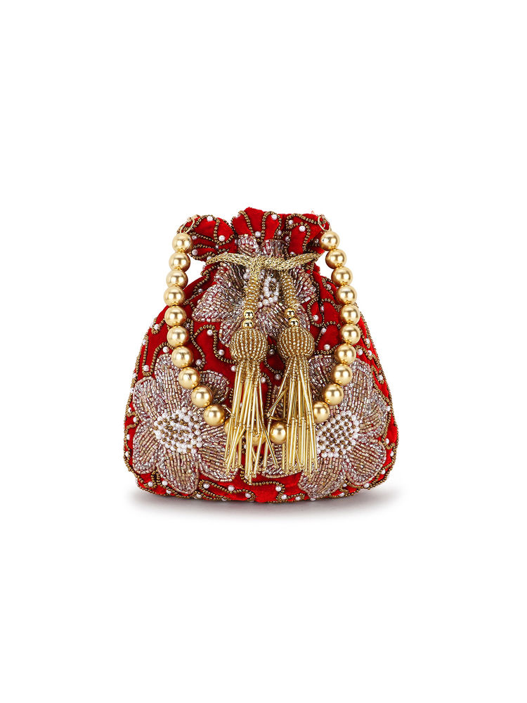 Anekaant Dangle Red, Bronze & Multi Velvet Floral Embellished Potli