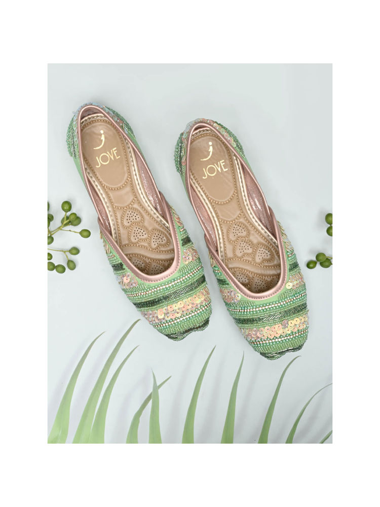 Jove Women Green Embellished Juttis-picture-16