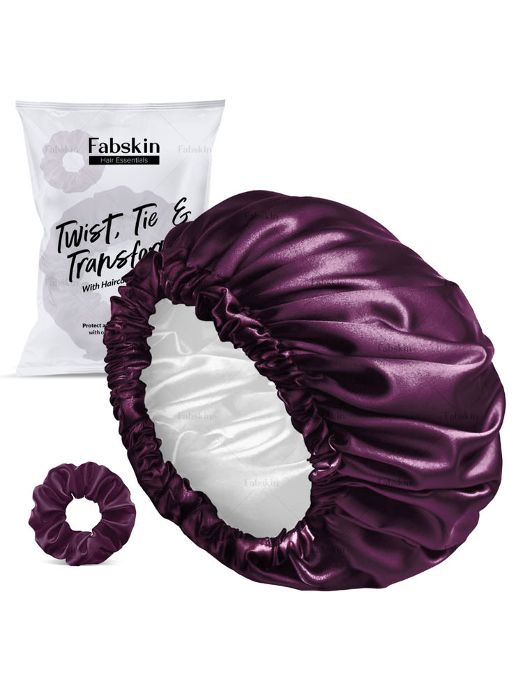Fabskin Luxury Satin Silk Hair Bonnet Cap For Sleeping With Satin Scrunchie - Wine Color