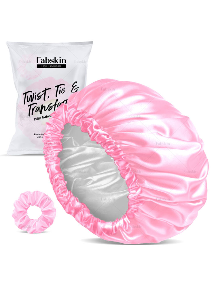 Fabskin Luxury Satin Silk Hair Bonnet Cap For Sleeping With Satin Scrunchie - Pink