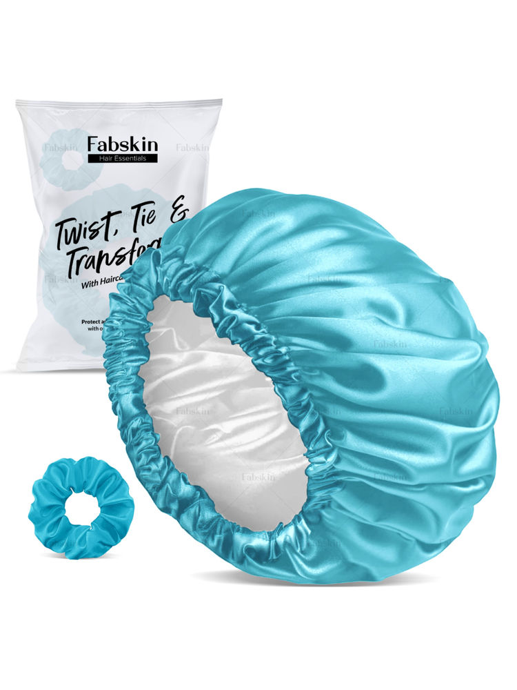Fabskin Luxury Satin Silk Hair Bonnet Cap For Sleeping With Satin Scrunchie - Sky Blue-image-4