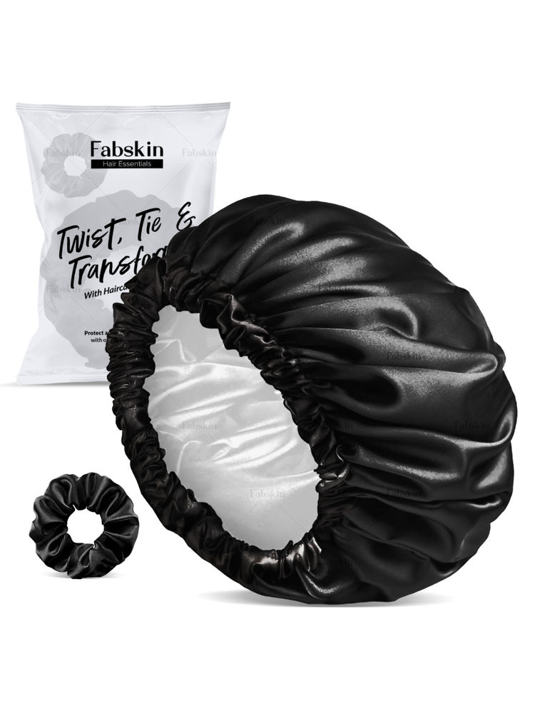 Fabskin Luxury Satin Silk Hair Bonnet Cap For Sleeping With Satin Scrunchie - Black