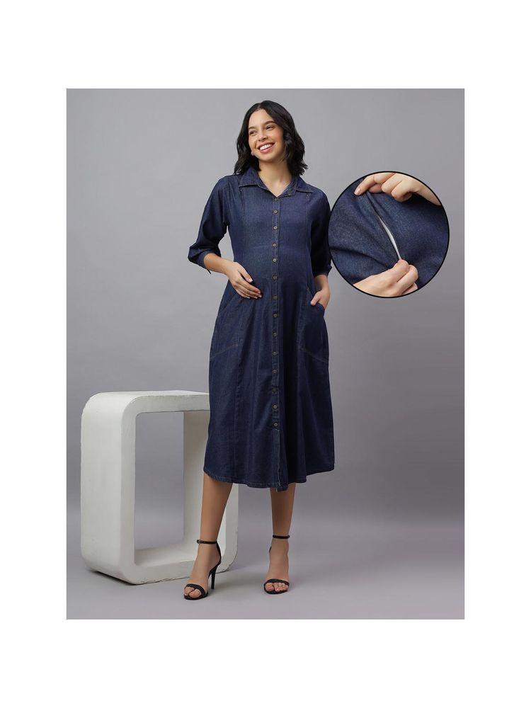 Mamma's Maternity Navy Blue Denim Solid Maternity Dress