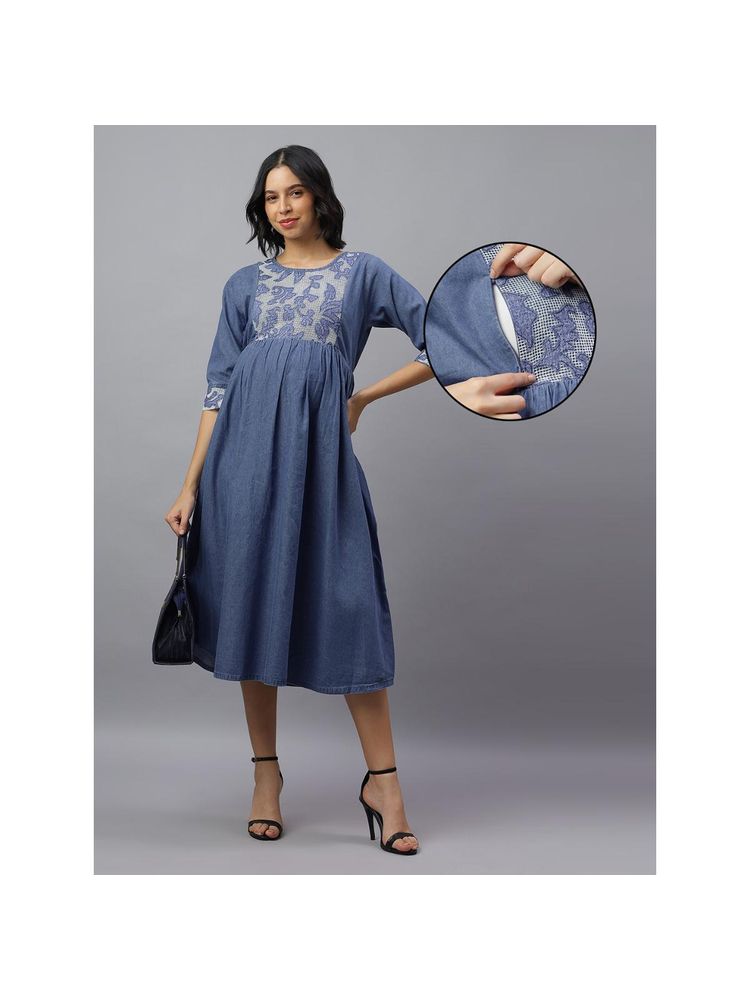 Mamma's Maternity Light Blue Denim Solid Maternity Dress-picture-26