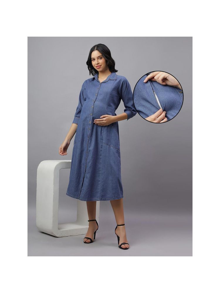 Mamma's Maternity Light Blue Denim Solid Maternity Dress