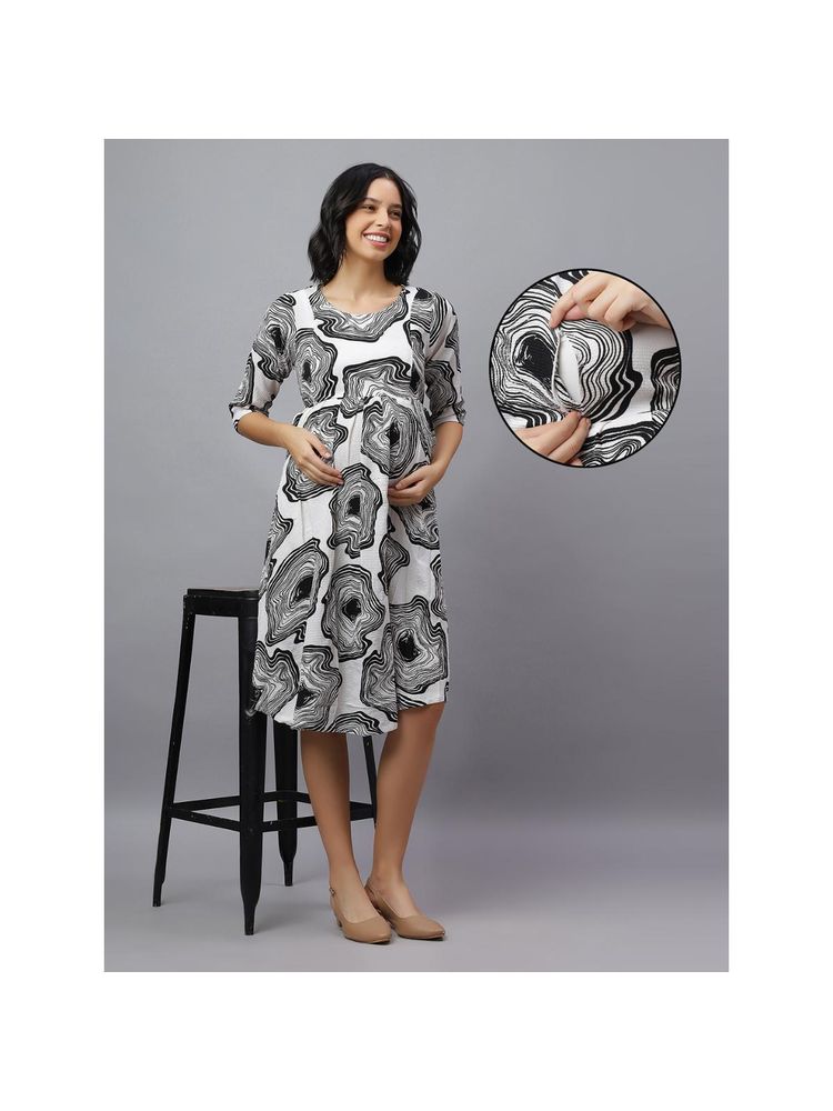 Mamma's Maternity White Black Cotton Blend Printed Maternity Dress-image-9