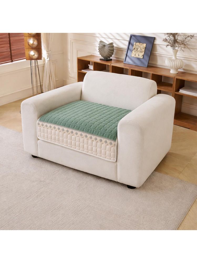 House of Quirk One Seater Washable Sofa Slipcover Soft Durable Furniture Protector - Green-image-3